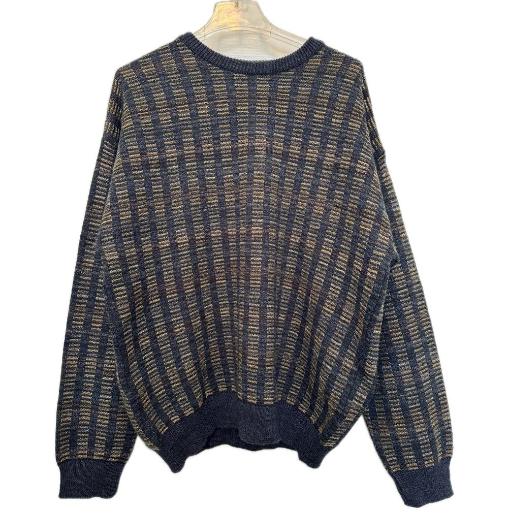 Men's Vintage Fenzia Plaid Striped Crewneck Sweater, Large, Blue Tan Taupe